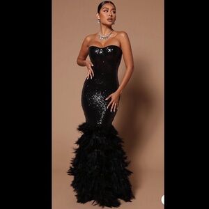 Black Feather Sequin Maxi Dress